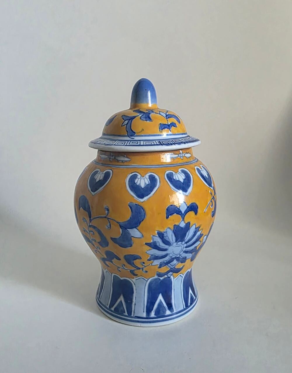 Blue Yellow Ginger Jar Canister with Lid Floral Heart Motif 7.5"